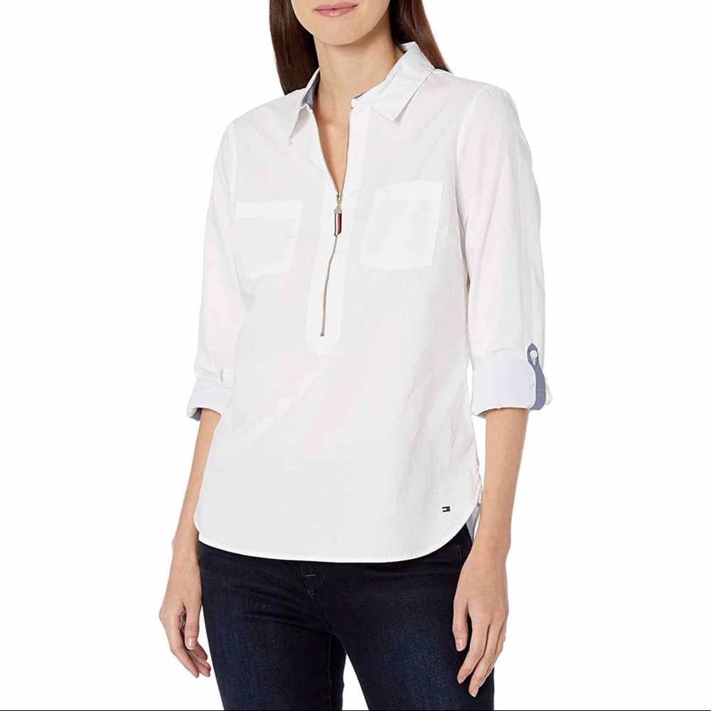 New Tommy Hilfiger White Half Zip Collared Shirt